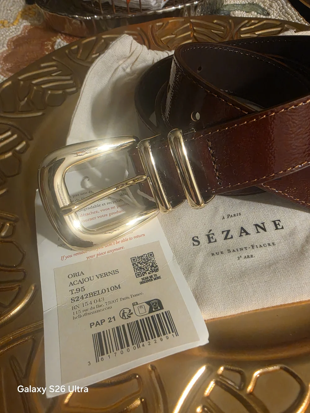 Sezane Brown Gloss Leather Belt with Gold Buckle - Picture 2 of 7